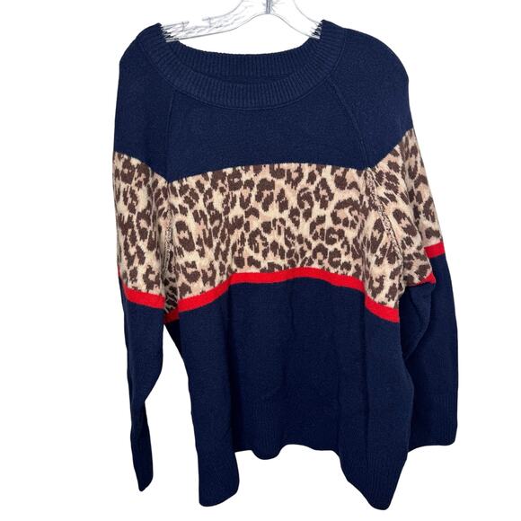 Aerie XL Navy Leopard Print Colorblock Sweater Crewneck Long Sleeve Pullover - Picture 1 of 11